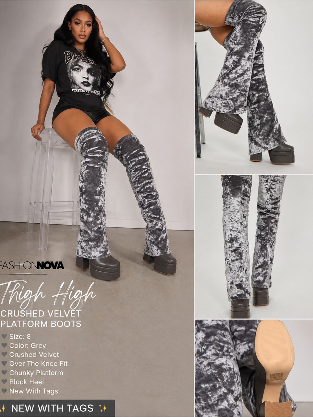 🔥Fashion Nova Grey Crushed Velvet Thigh-High Platform Boots – Size 8 – NWT